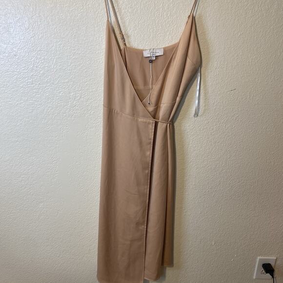 L’Academie Revolve The Wrap Satin Midi Slip Dress In Sand Size XS - Picture 7 of 11